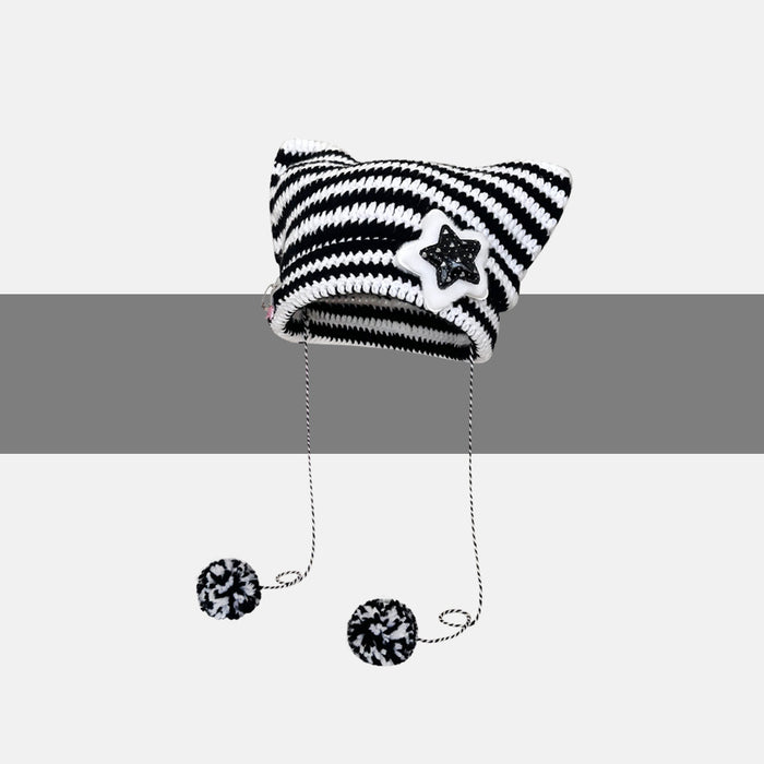 Heat Grove Striped Cat Ear Beanie with Star or Pompom Ties