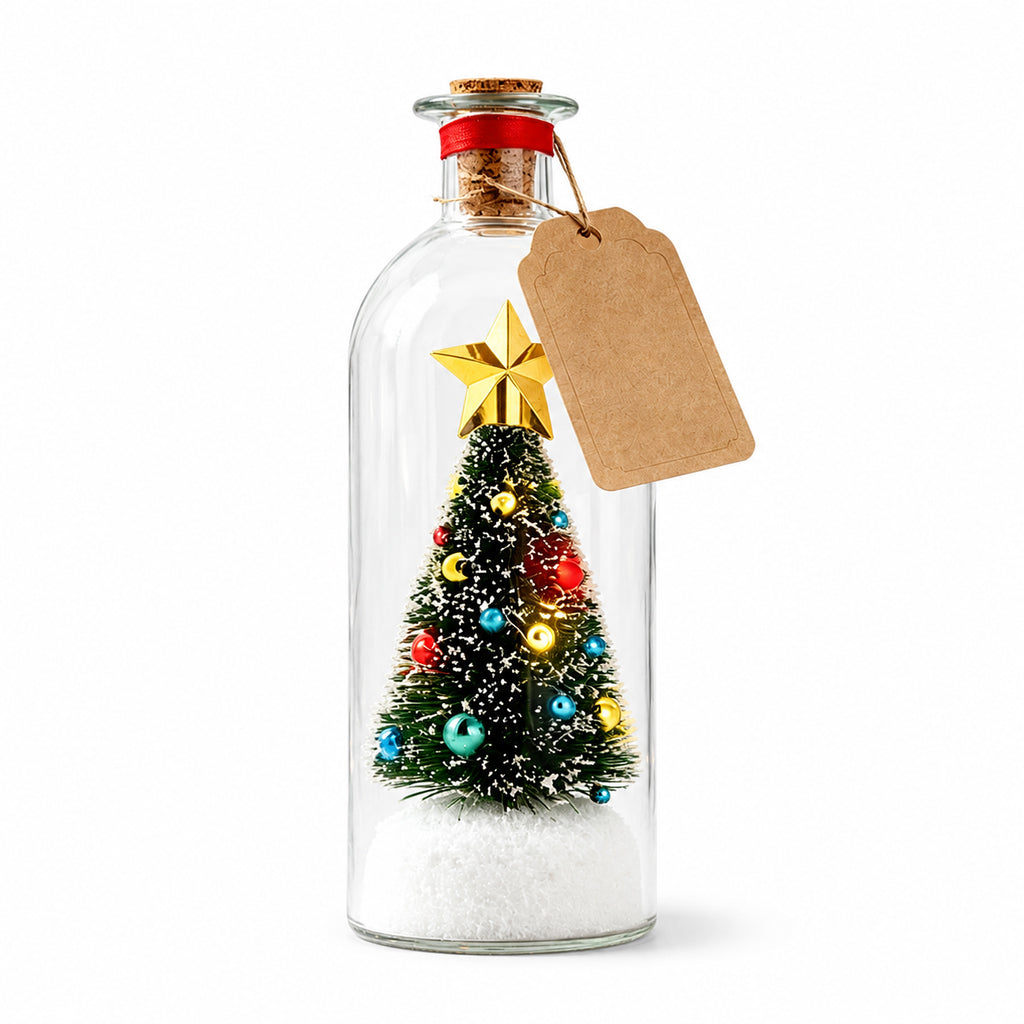 Mini lit Christmas tree in a glass bottle