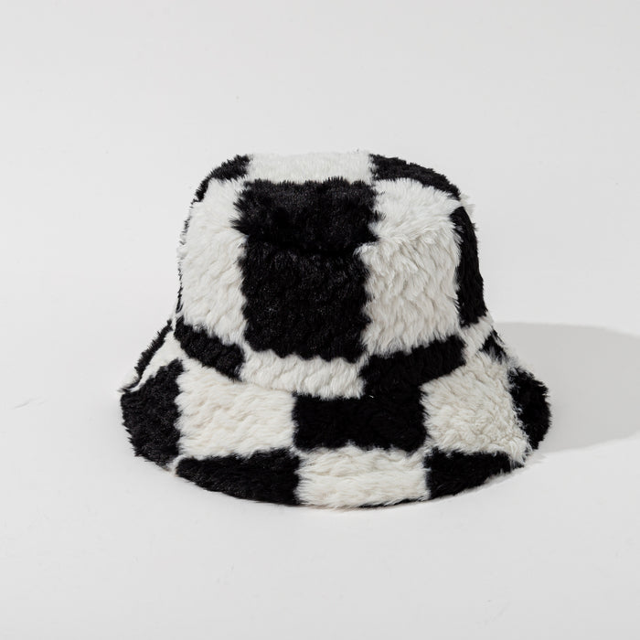 Heat Grove Checkerboard Teddy Plush Bucket Hat, Windproof