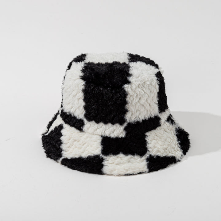 Checkered teddy plush bucket hat