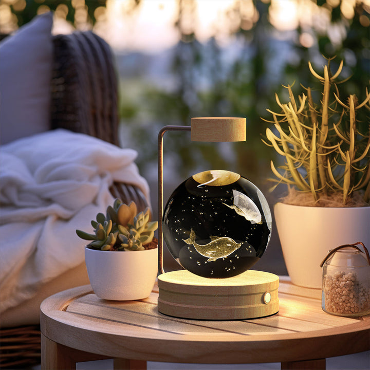 Crystal ball lamp with engraved galaxy