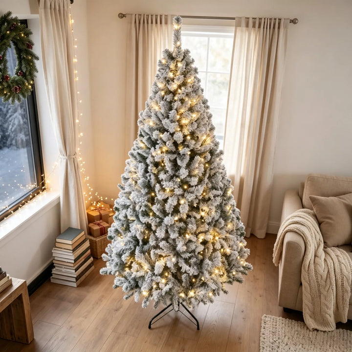 Tall flocked fir Christmas tree with lights
