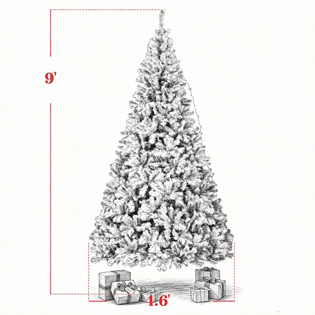 Tall flocked Fraser fir Christmas tree lit