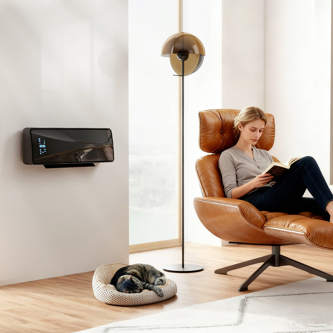 Black wall-mounted fan heater with LED display