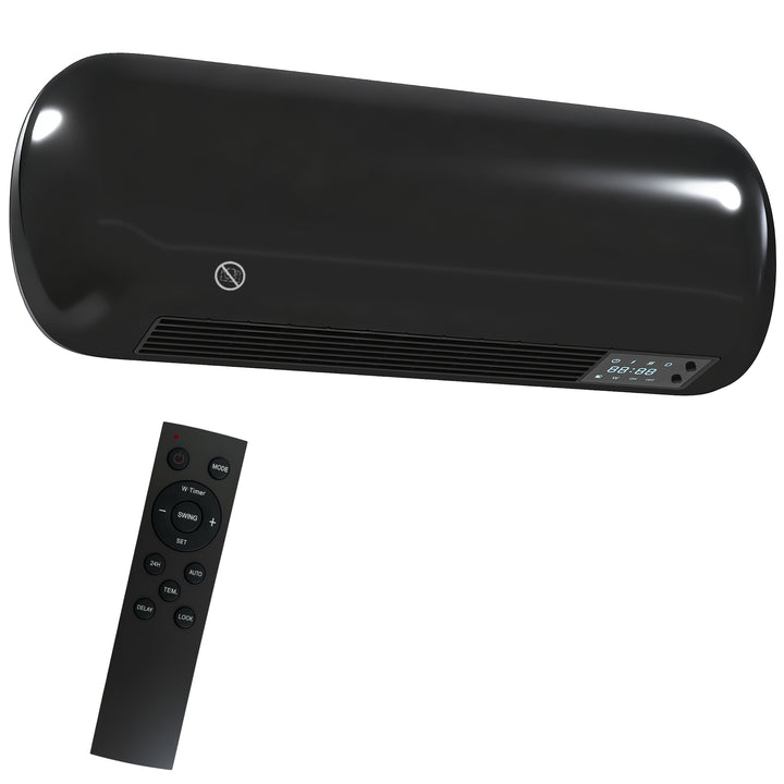 Black ceramic wall heater mounted above a bed