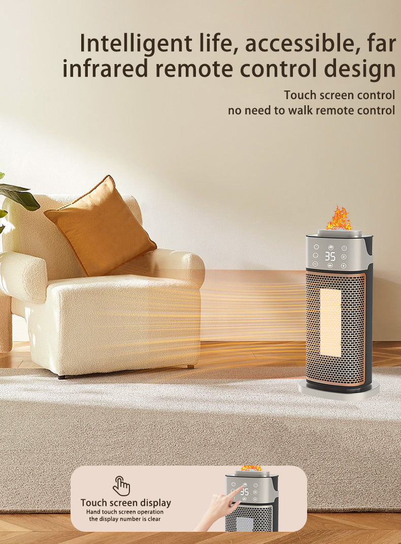 Silver tower fan heater with glowing flame-effect humidifier