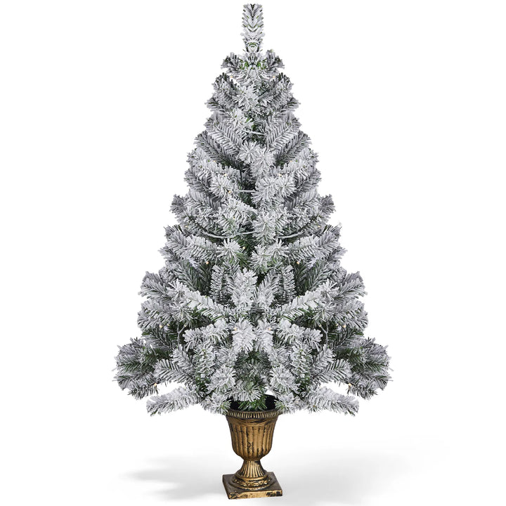 Small flocked Christmas tree in pot lit