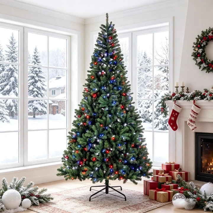 Tall pre-lit fir tree with colorful lights