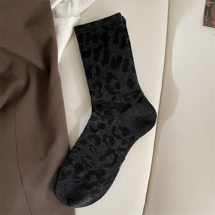 Brown leopard print mid-calf crew socks