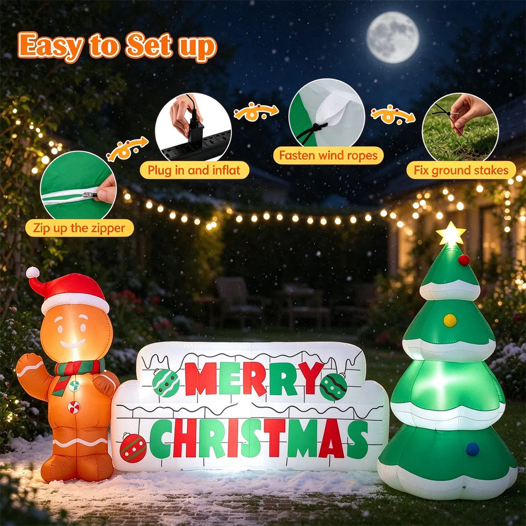 Inflatable Merry Christmas sign with gingerbread man on a lawn