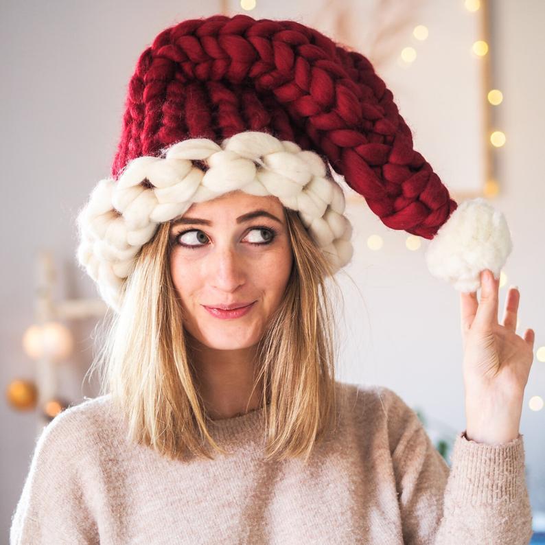 Red chunky knit Santa hat with pompom