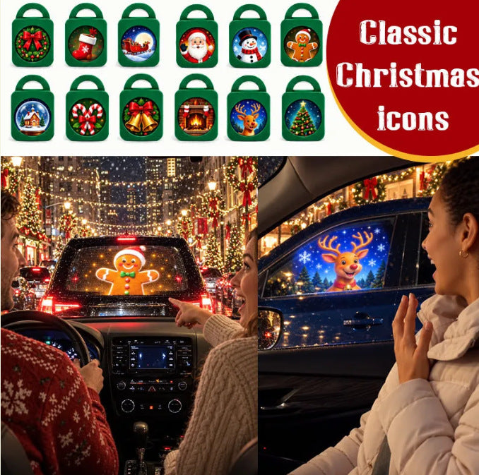 Striped gooseneck projector lighting a car ceiling with Christmas motifs