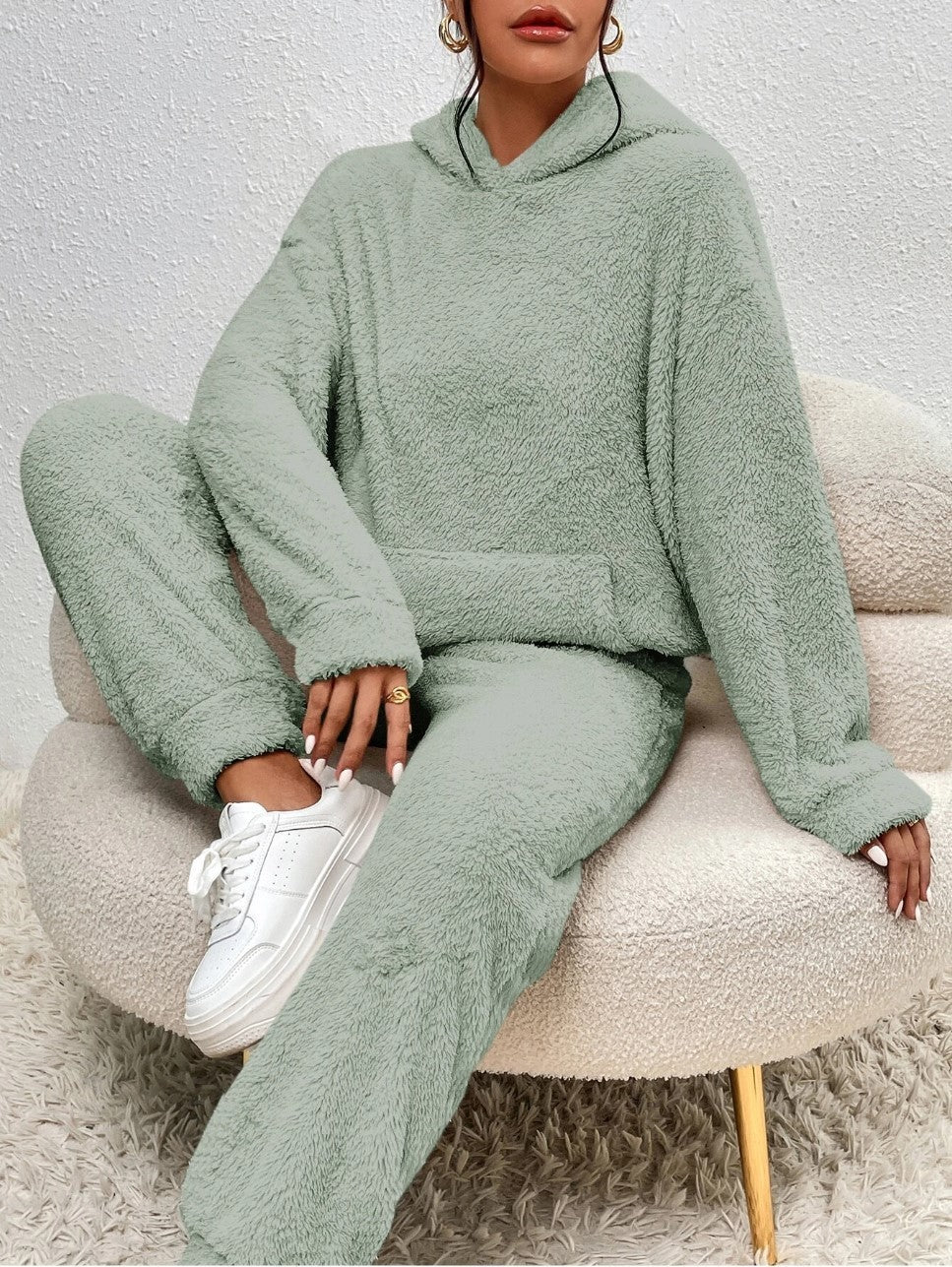 Woman in a fuzzy hoodie lounge set