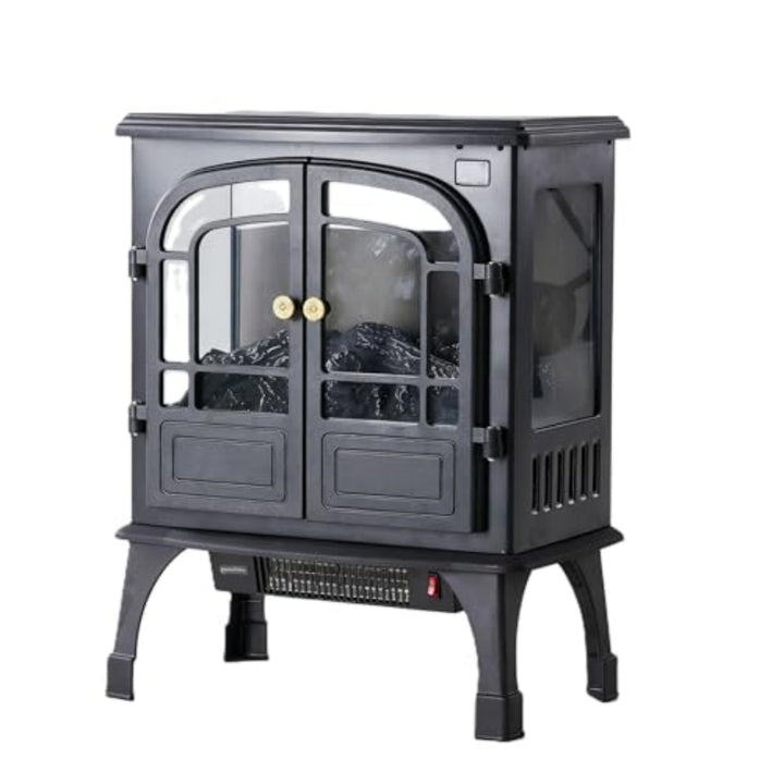 Black electric stove fireplace with glowing 3D flames