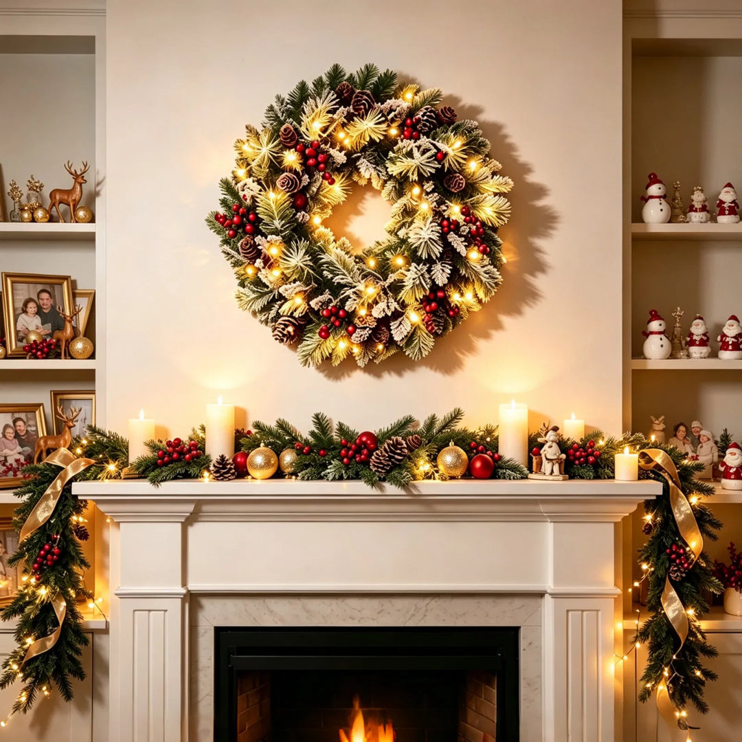 Frosted lighted wreath with red berries