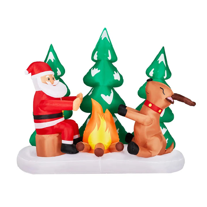Inflatable Santa and reindeer around campfire