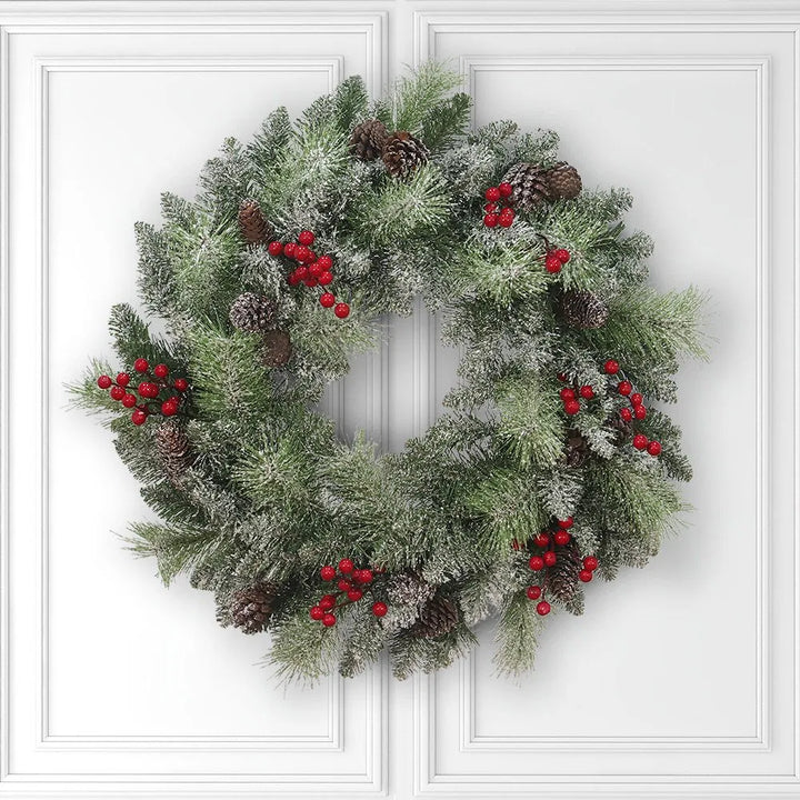 Lighted Christmas wreath with pine cones
