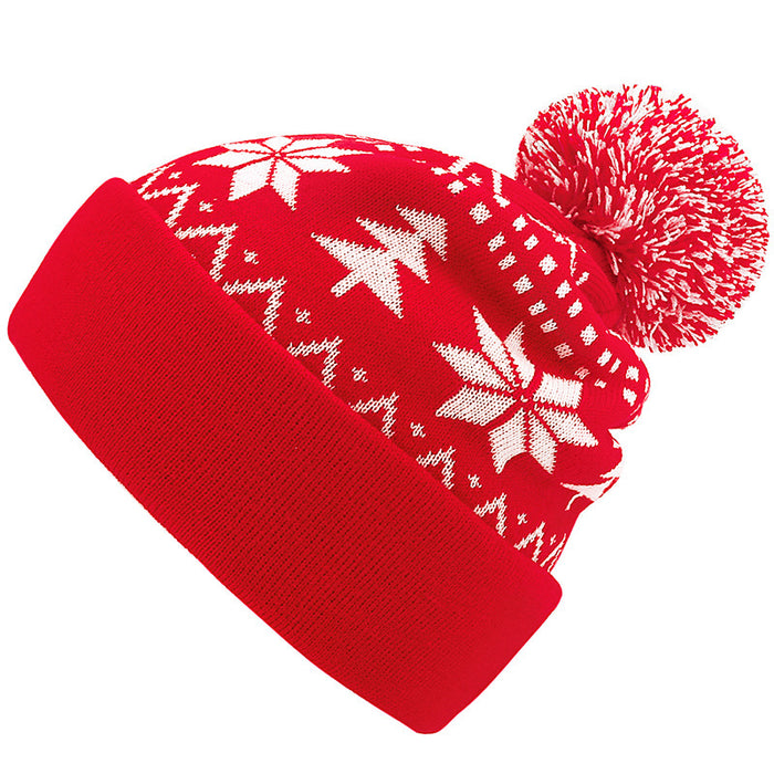 Heat Grove Christmas Knit Beanie with Pom Pom and Snowflakes