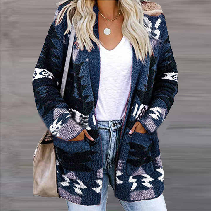 Woman in a geometric open-front cardigan