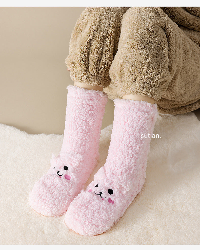 Pink fluffy floor socks with embroidered bunny face
