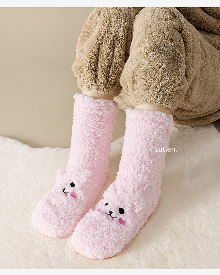 Pink fluffy floor socks with embroidered bunny face