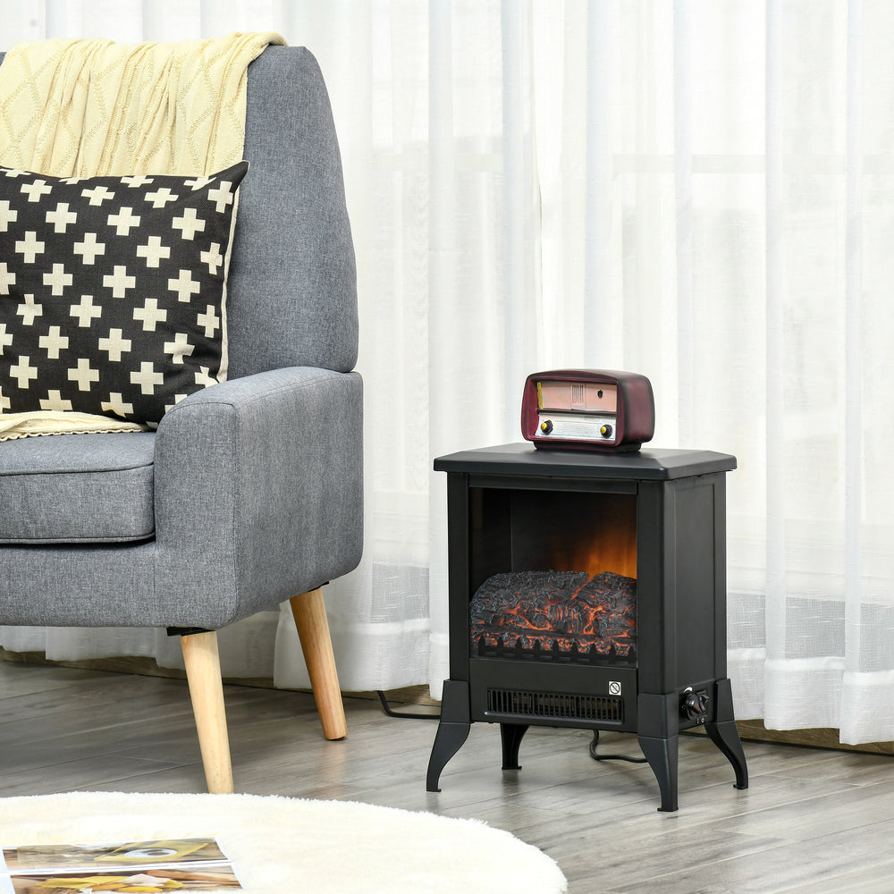 Black electric stove with open front and flames
