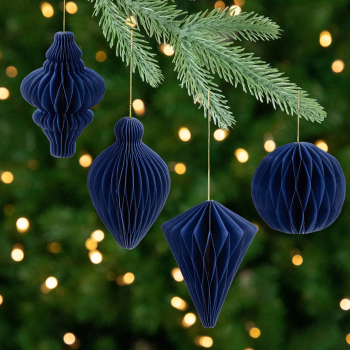 Heat Grove Set of 4 Navy Honeycomb Paper Christmas Ornaments