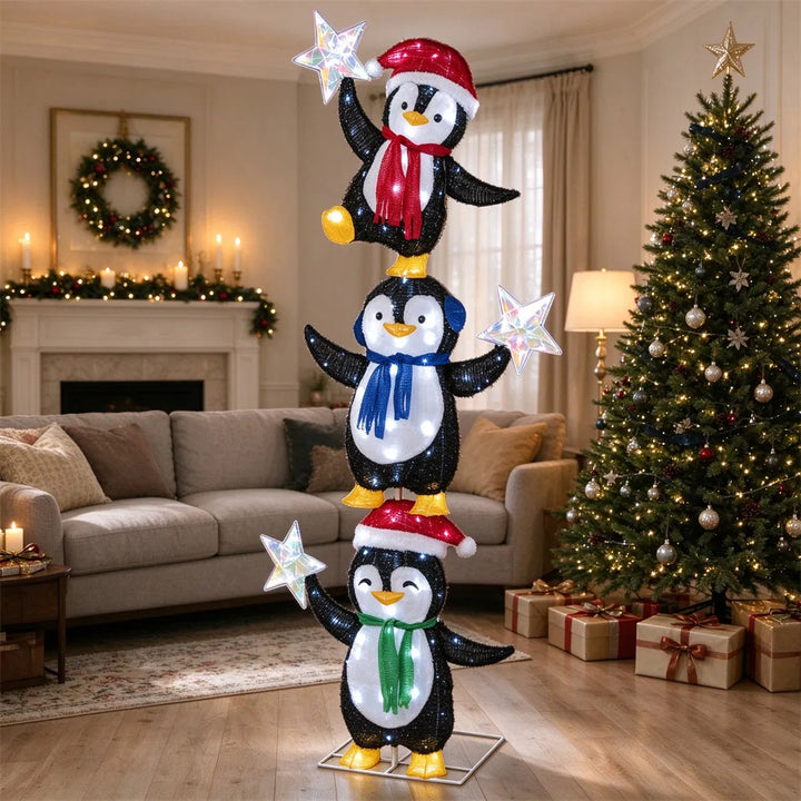 Lighted stacked penguin trio Christmas decoration