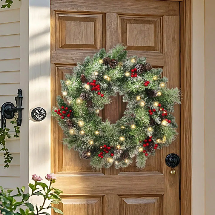 Lighted Christmas wreath with pine cones