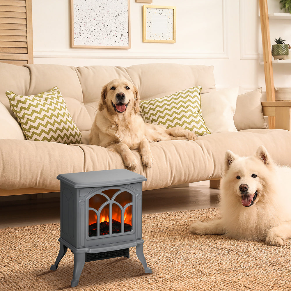 Gray electric fireplace stove with glowing logs