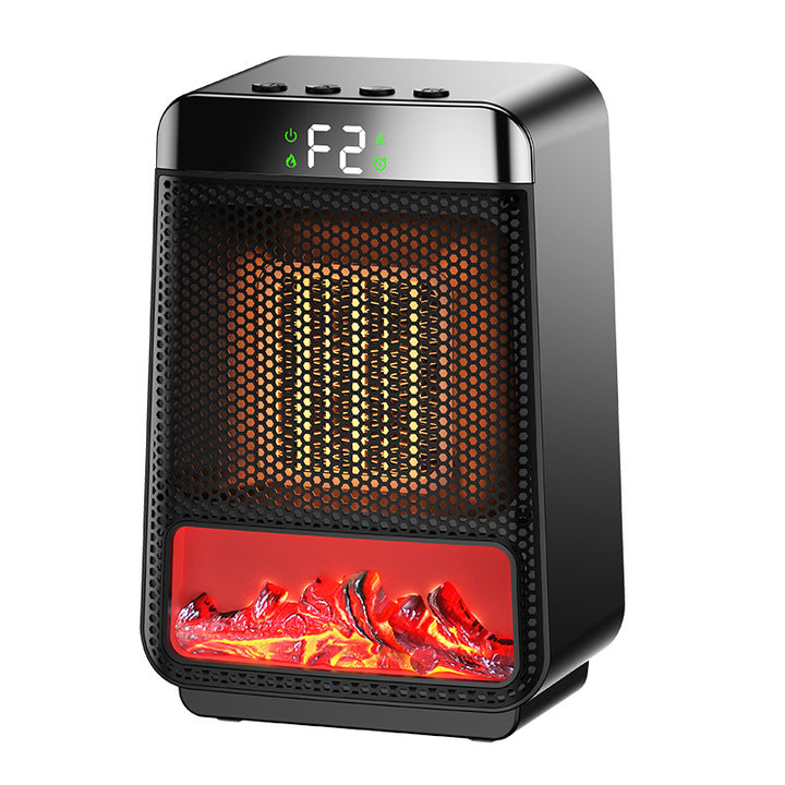 Black compact space heater with flame effect