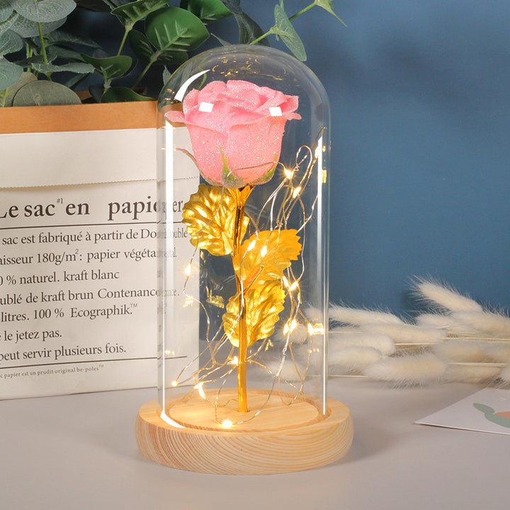Preserved rose under glass dome with lights