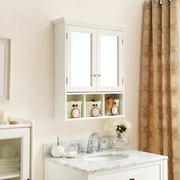 White mirrored bathroom wall cabinet with baskets