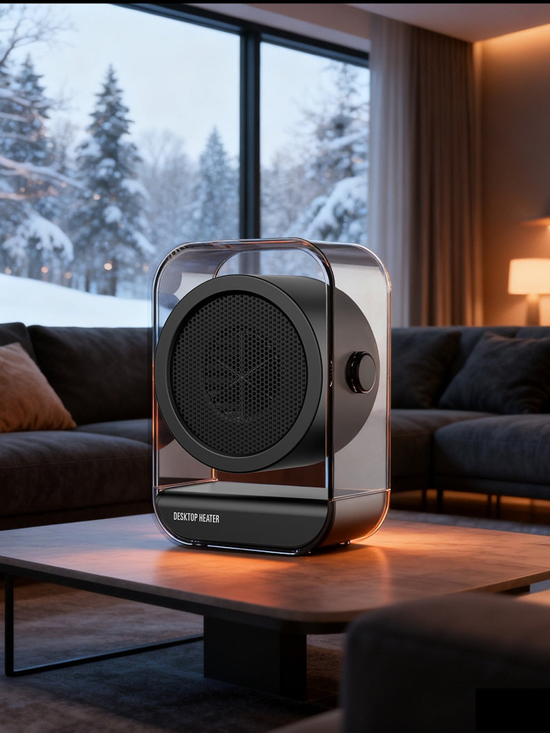 Compact clear desk fan heater in black