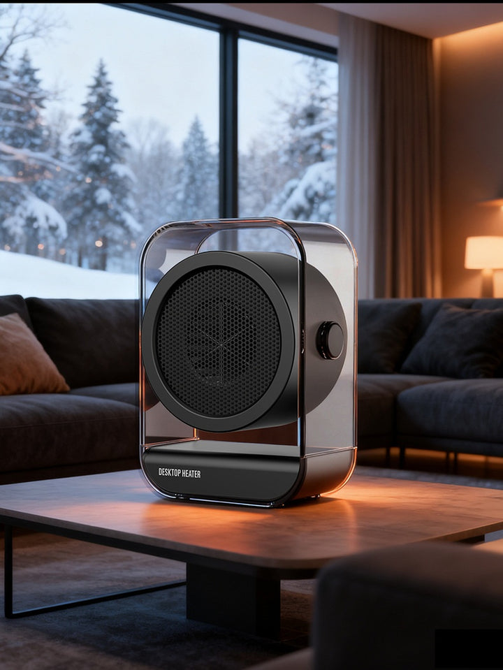 Compact clear desk fan heater in black