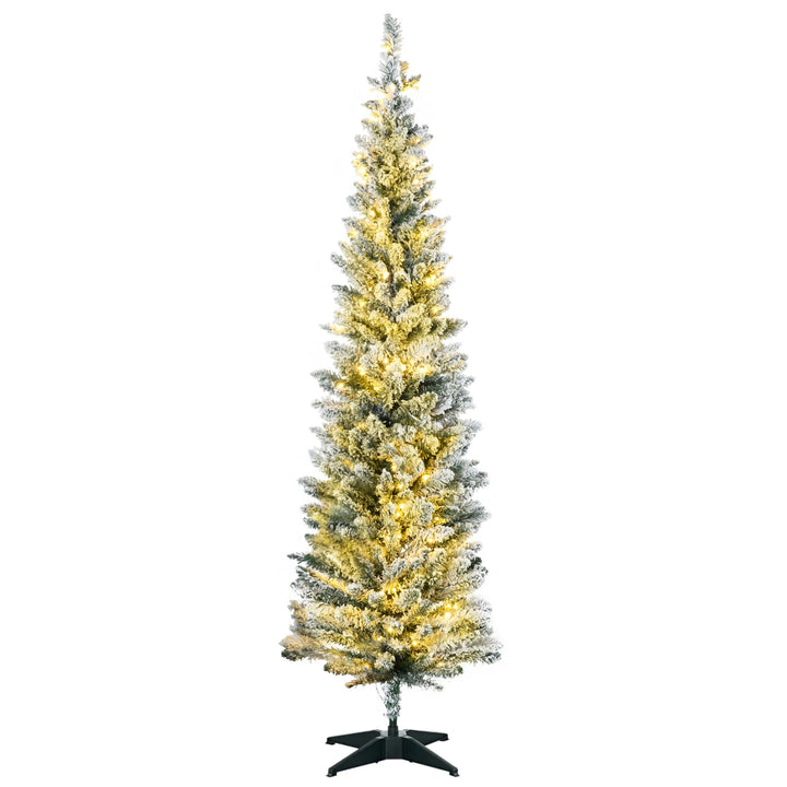 White flocked slim pencil Christmas tree lit warm
