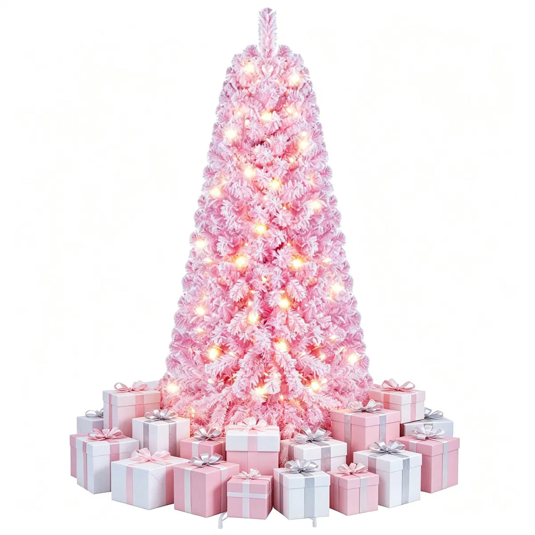 Small pink flocked pre-lit Christmas tree
