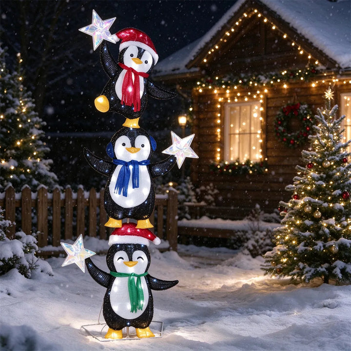 Lighted stacked penguin trio Christmas decoration