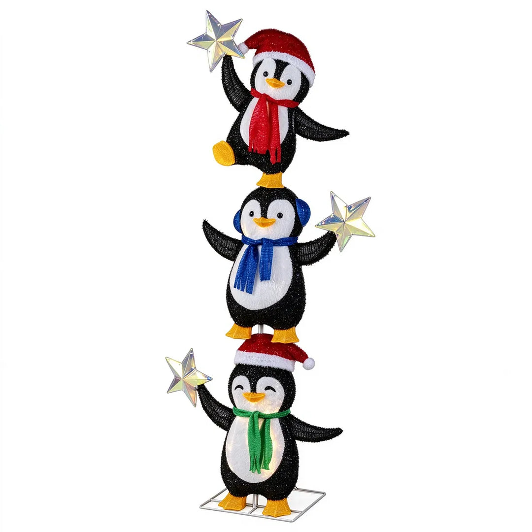 Lighted stacked penguin trio Christmas decoration