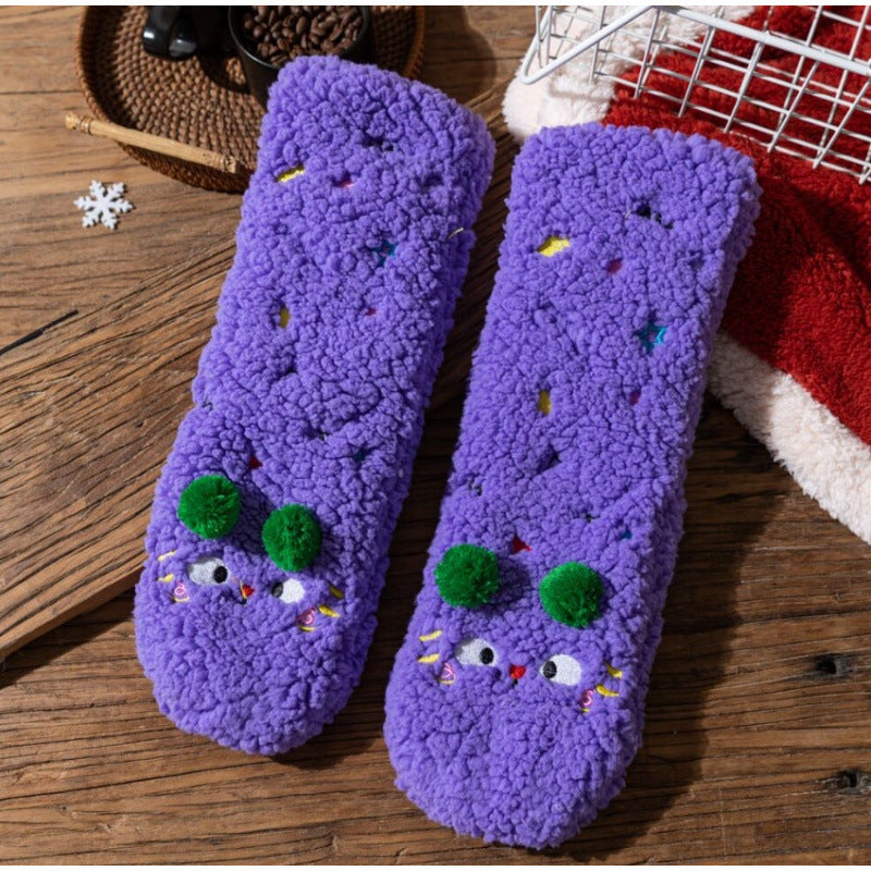 Fluffy pink floor socks with embroidered faces