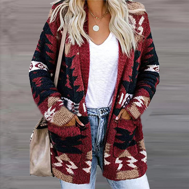Woman in a geometric open-front cardigan