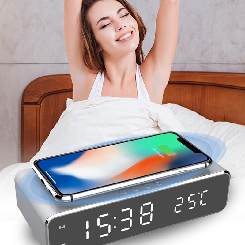 Mirror LED alarm clock with wireless charger