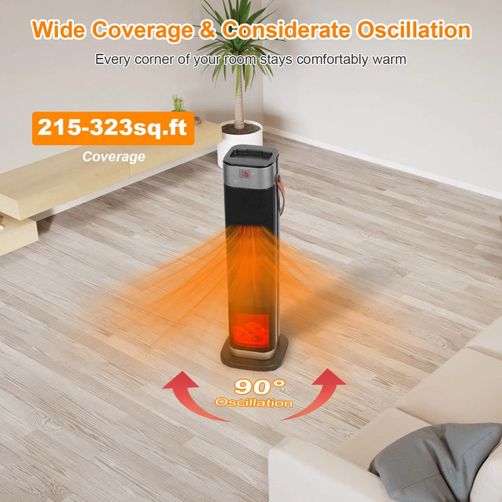 Black tower space heater with glowing flame effect window