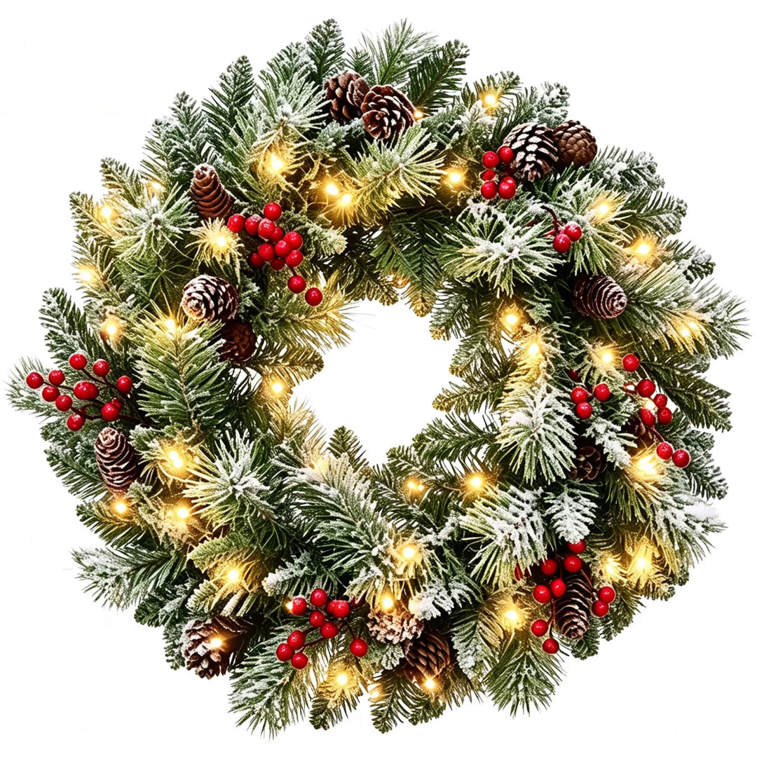 Frosted lighted wreath with red berries