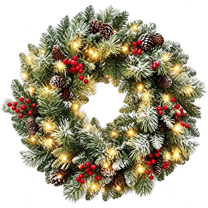 Frosted lighted wreath with red berries
