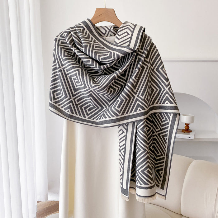 Heat Grove Wearable Fringe Shawl Cape with Geometric Pattern