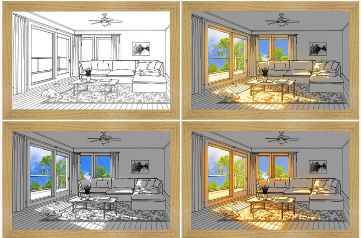 LED light painting of sunlit room