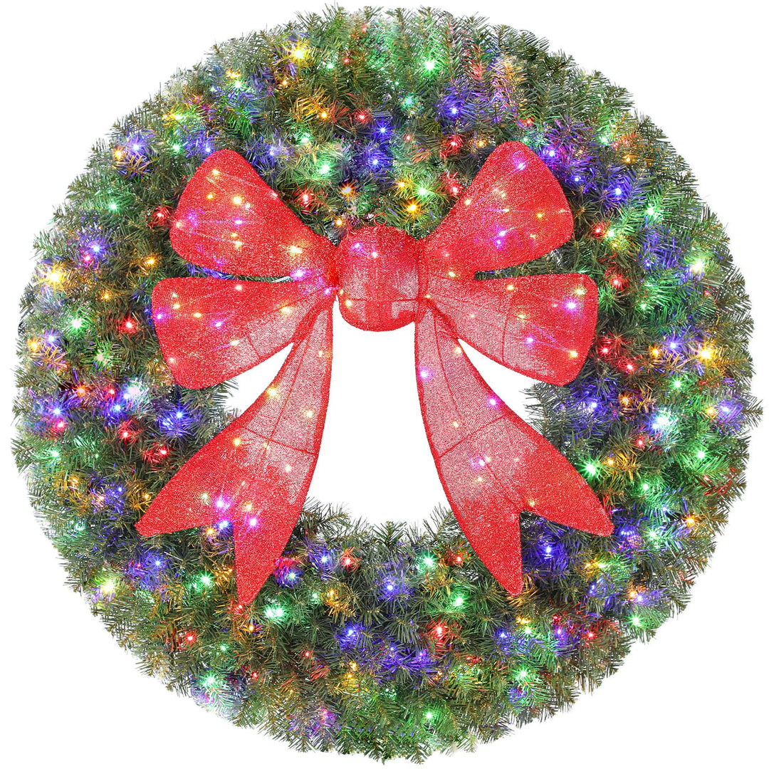 Giant lighted Christmas wreath with red bow
