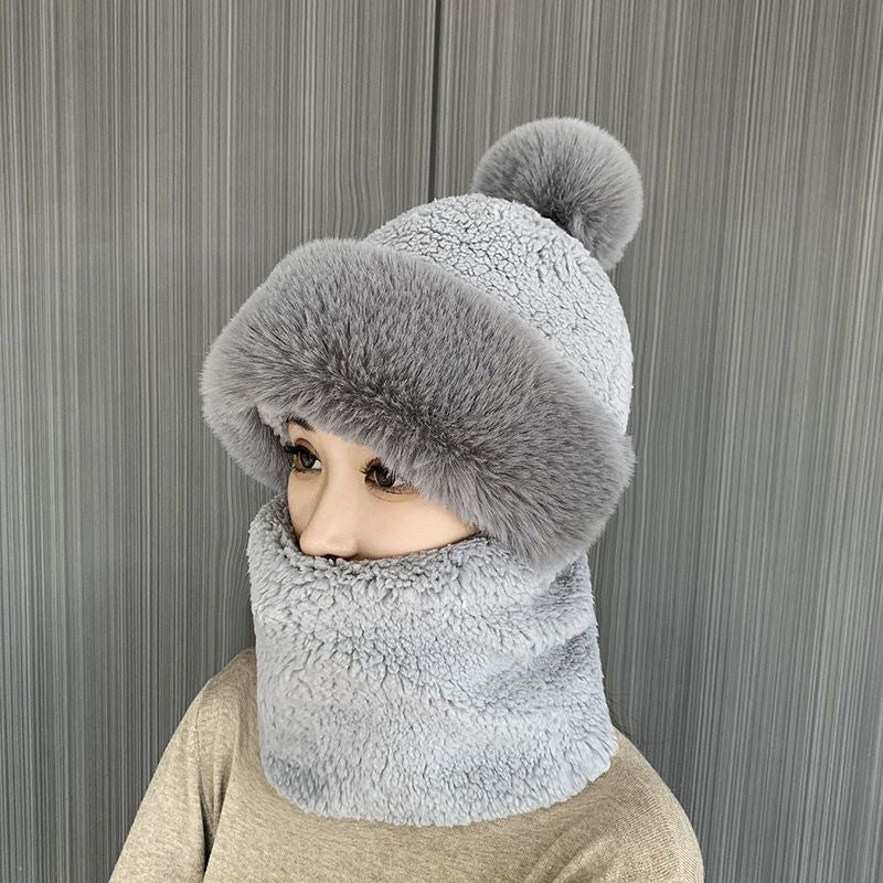 Pink plush hood hat with neck warmer