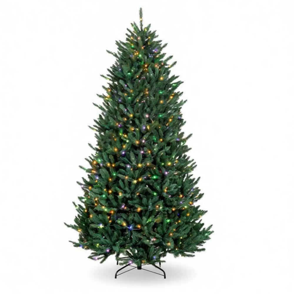 Full 9 ft pre-lit Christmas tree glowing